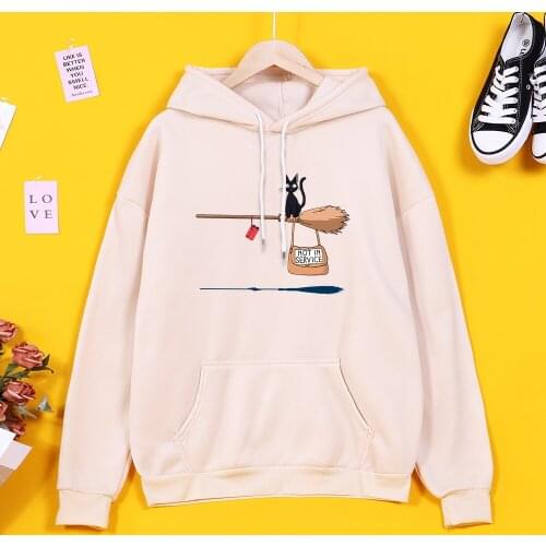 Black Cat Cartoon Print Womens Hoodie Fashion Loose Pullover Kawaii Harajuku Womens Streetwear Sweatshirt Casual Korean Clothes