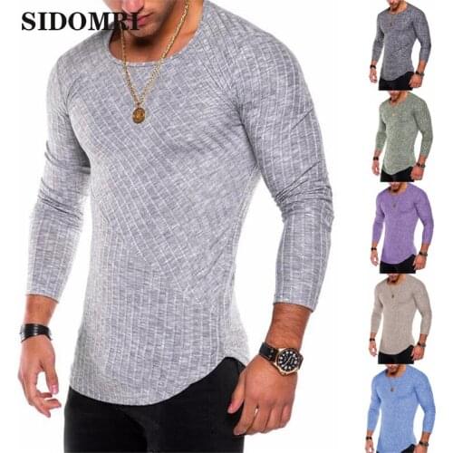 Hot News Long Sleeve T-Shirt Men Solid Color Sleeve Pleated Patch Detail Spring Casual Tops Pullovers Fashion Slim Basic Tops