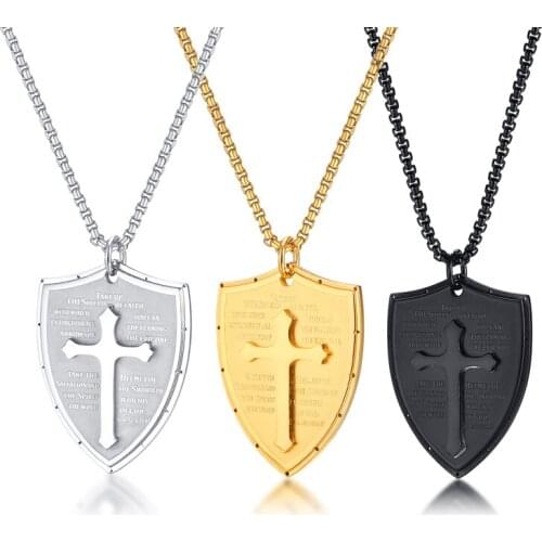 Hot Sale Religious Scripture Cross Shield Pendant Stainless Steel Necklace Multi-Color Necklace Can be Chosen Women Accessories
