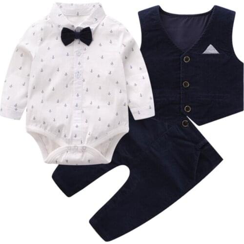 IYEAL Kids Baby Tuxedo Suits Boys Formal Jumpsuit Gentleman Outfit 3Pcs Bodysuit + Vest + Pants Wedding Outfit for 0-3 Years