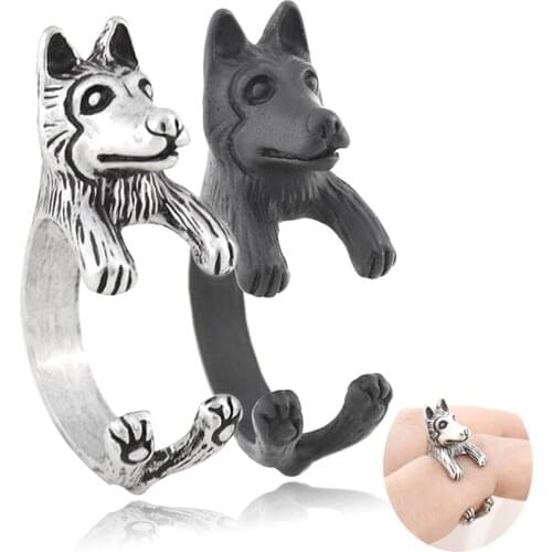 Cute Siberian Husky & Alaskan Malamute Dog Shape Wrap Finger Ring For Women Girls Kids Gift For Pet Lover Jewelry Couple Ring