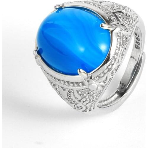 Natural Gem Stone Blue Agates Tiger Eye Silver-Plate Ring Labradorite Turquoises Open Resizable Men Women Finger Rings Jewelry