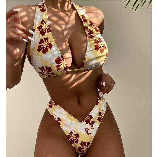 Flower Print Bikinis Set Sexy String Halter Swimwear Female High Cut Swimsuit Women Bather Two Piece Biquinis Bikini 2021 Mujer