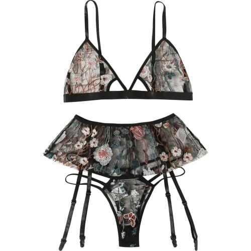 Flower embroidered underwear 3-piece bra garter thong Perspective Temptation Women Erotic Underwear printing lingerie set
