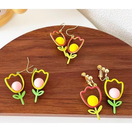 Summer Fresh Tulip Flower Drop Earrings for Women Fashion Sweet Girls Dangle Jewelry Pink Yellow Color Alloy Ear Clips Earings