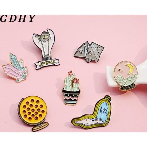 GDHY Fashion Brooches Pin Light bulb clock Crystal ball Potted plant cactus Origami Badge Metal Brooch Enamel Pins Jewelry