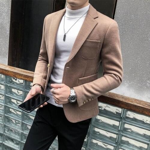 2020 Winter Mens Woolen Blazer Single Button Casual Suit Jacket High Quality Business Dress Coat Streetwear Social Clothing