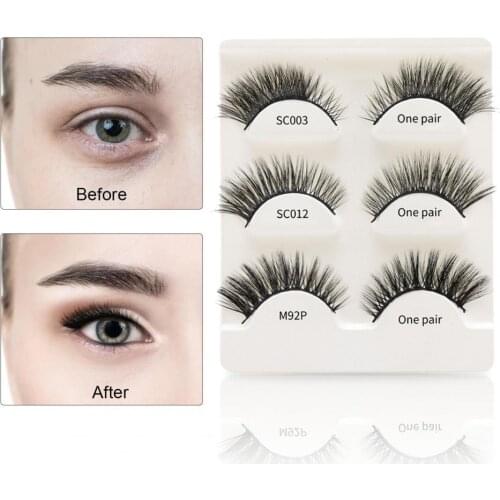 3Pairs SC003/SC012/M92P False Eyelashes Easy to Remove Waterproof Fiber Makeup Extensions Eye Lashes for Girls