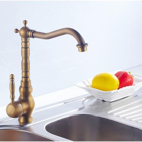 New Antique Brass Kitchen Faucet Hot Cold Mixer Tap Single Hole Bathroom Faucet Rotatable Porcelain Handle