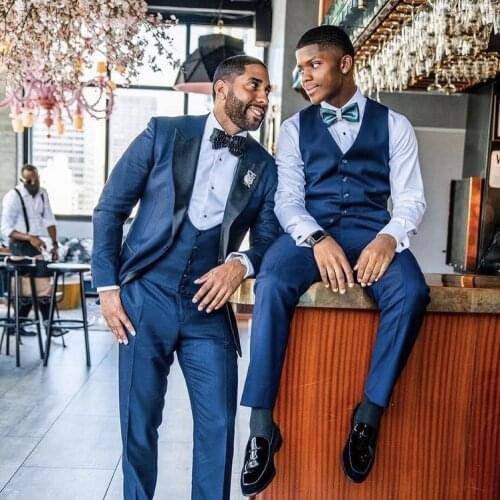 New Blue Tuxedos Dinner Prom Dresses Mens Classic Fit Suit Slim Fit Men Wedding Suits 3 Pieces Father and Son Match Suits