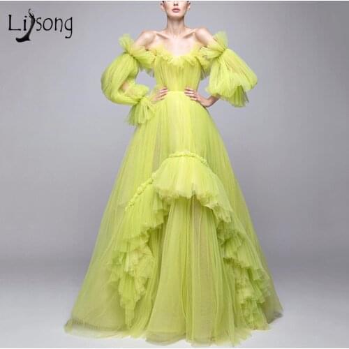 Newest Cozy Green Tulle Evening Dresses 2021 Off The Shoulder Puff Full Sleeves A-line Mesh Tulle Party Dress Pretty Prom Gowns
