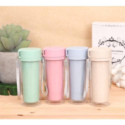 100PCS/LOT 300ML Office Water Bottles Two-Layer Wheat Straw Bottle Plastic LeakProof Healthy Sport Bottle Portable Student Drink