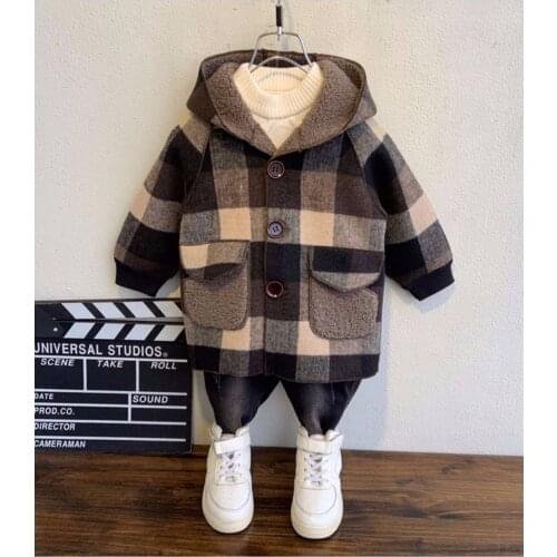 2 3 4 5 6 7 Years Toddler Boys Coats Fashion Thicken Lambswool Plaid Wool Coat for Boy Baby Kids Clothing Autumn Winter Jackets