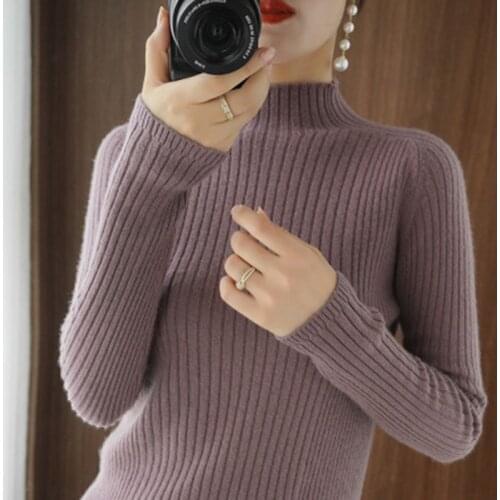 Pullover Ribbed Knitted Sweater Autumn Winter Clothes Women 2021 High Neck Long Sleeve Slim Basic Woman Sweaters Tops