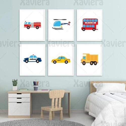 Transport Theme Nursery Decor Painting Cartoon Truck Car Helicopter Bus Canvas Painting Baby Boy Room Poster and Print Wall Art