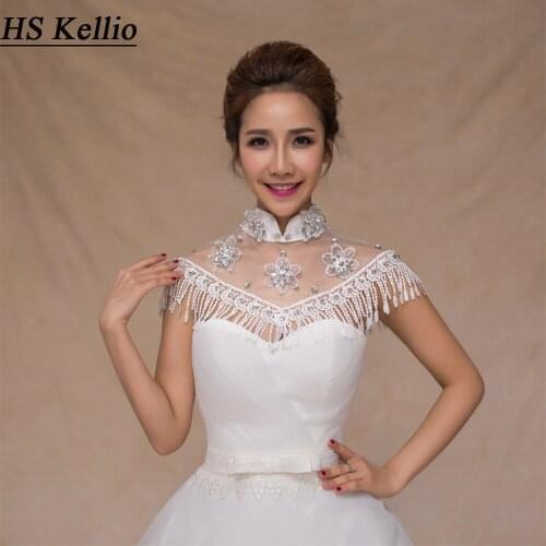 High Collar Wedding Shawl Cap Sleeve Lace Bridal Jacket With Lace Appliques And Beads