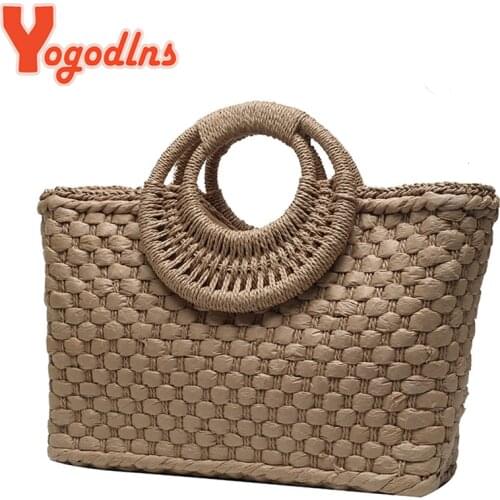 Yogodlns Vintage Handmade Straw Bag Women Summer Large Capacity Beach Bag Weave Handbag Vacation Rattan Handle Bag Kintted Totes