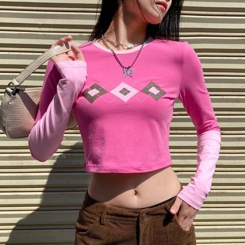 SEASONS Argyle Pink Sweat Crop Top T Shirt Women Casual Cotton Long Sleeve T-shirt Ladies Patchwork Fashion Tee Shirt ASTS82084