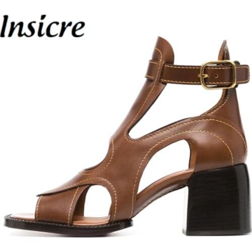 Insicre Women Sandals Full Genuine Leather Round Toe Buckle 2021 Summer Fashion Thick High Heel Shoes Size 45 Cow Leather