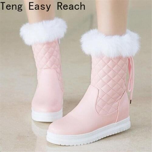 Women Winter Boots Fashion Hidden Wedges Warm Fur Shoes Woman Platform Med-calf Snow Boots Promotion Large Size 34-43