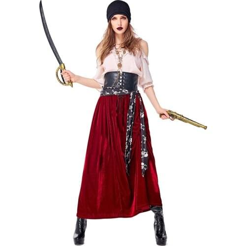 Women Halloween Carnival Cosplay Pirate Costume Sexy Cold Shoulder Tops + Maxi Long Skirt DS Party Costume Outfit For Lady Purim