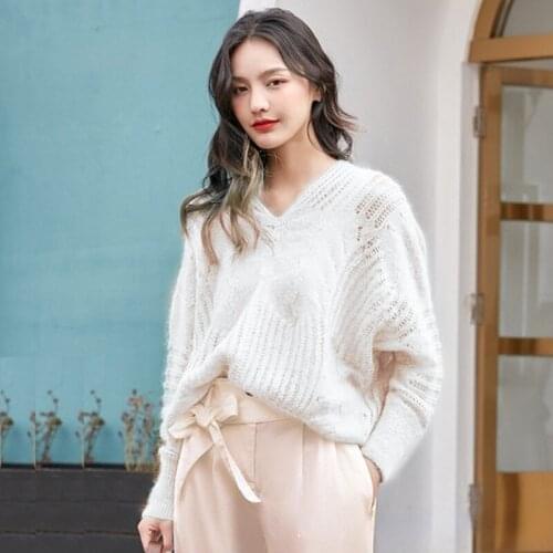 Womens Pink Sexy V-neck Plus Size Bat Sleeve Knit Pullover Sweater 2021 Fall White Fashion Bright Silk Mohair Harajuku Jumpers