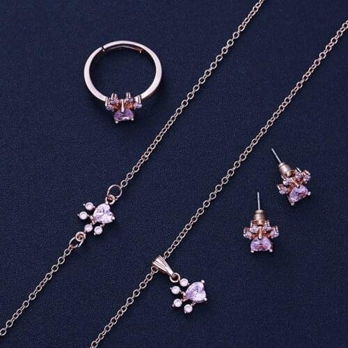 4pcs/set Pet Animal Footprints Paw Jewelry Set Women Chain Necklace Bracelet Ring Drop Earing Set Jewelry Kits Decor Gifts