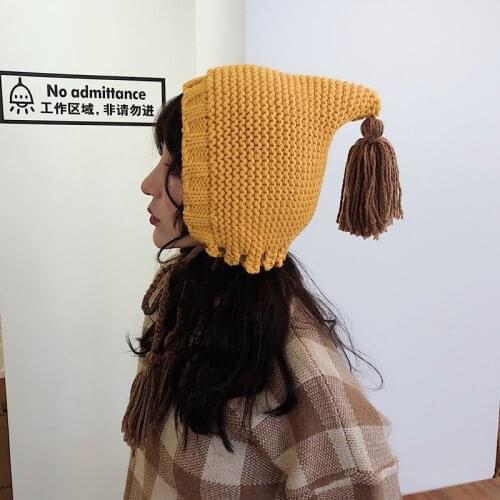 Winter Skullies Beanies Hats for Women Harajuku Sweet Girls Tassel Braid Warmer Skullies Solid Color Lacing Knitted Beanies Caps