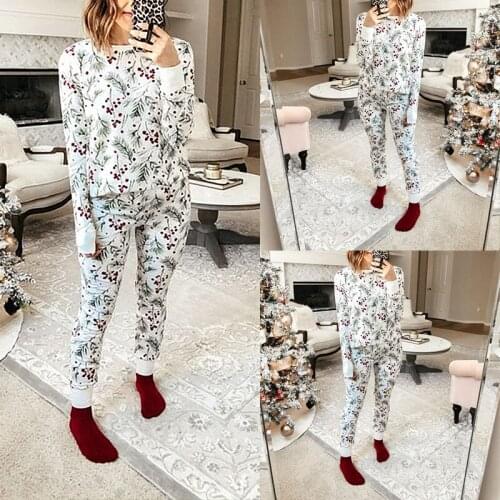 2020 Autumn and Winter Comfortable Pajamas Womens Clothing Printed Long-sleeved Trousers Round Neck Casual Plus Size Home Wear