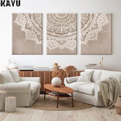 3 Pieces Mandala Wall Art Prints Beige Taupe Boho Bedroom Canvas Paintings Boho Wall Posters Prints of Living Room Home Decor