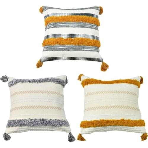 77JF Morocco Tufted Throw Pillow Case Boho Tassels Embroidery Striped Cushion Cover