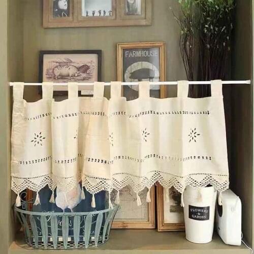 American Countryside Style Beige Cotton Linen Hollow Crochet Coffee Curtain Kitchen Curtain Decorative Short Curtain 45*150cm