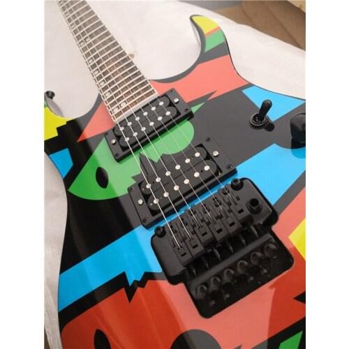 Free shipping custom 6 string electric guitar,Abstract painting pattern veneer,tremolo bridge,HH pickups,black button