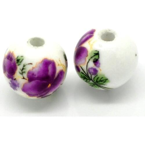 DoreenBeads Ceramics Beads Round White Flower Pattern About 12.0mm( 4/8") Dia, Hole: Approx 2.5mm, 4 PCs Hot new