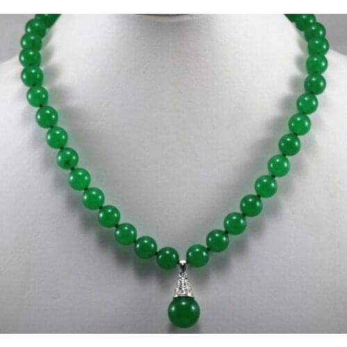 Decent and charm 8mm green Jade necklace match 14mm silver plated Jade pendant necklace for wedding