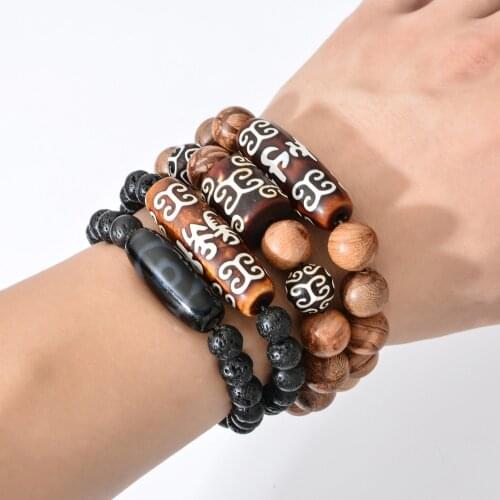 Energy Natural Tibetan Dzi Agates Bracelets Vintage Buddha Prayer Wood Grain Stone Agates Charm Black Lava Bracelets Male
