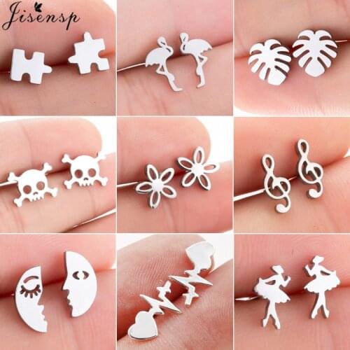 Jisensp Geometric Stainless Steel Stud Earrings for Women Kids Love Heart Earings Everyday Jewelry Cute Animal Earing pendientes