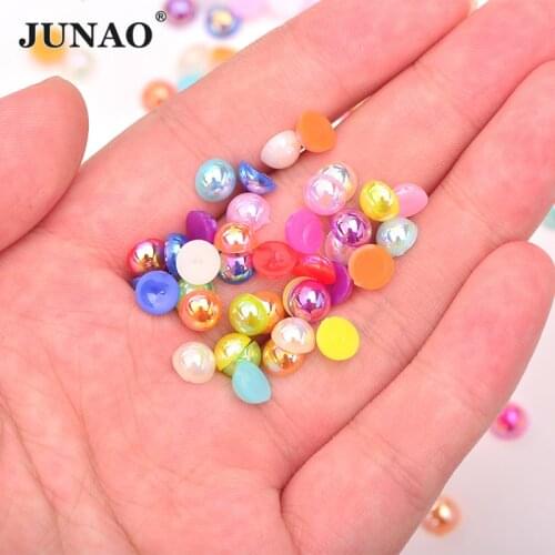 JUNAO 6 8 10 12mm Mix Color Half Round Pearl Beads Pearl Rhinestone Applique Strass Stickers Scrapbooking Beads For Handicrafts