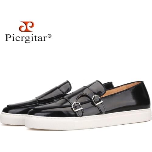Piergitar 2020 black colors Genuine Leather double-monk Men sneakers Handcrafted Sporty style mens white bottom casual shoes