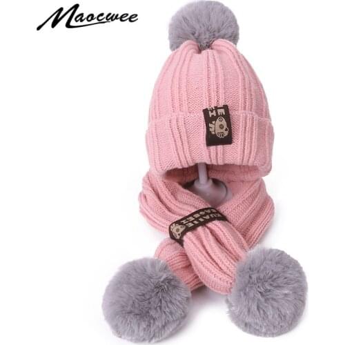 Autumn Winter Baby Pompon Hat Scarf Set Childrens Warm Wool Hat Neck Wrap Boys And Girls Lovely Knitting Wool Hats And Scarves