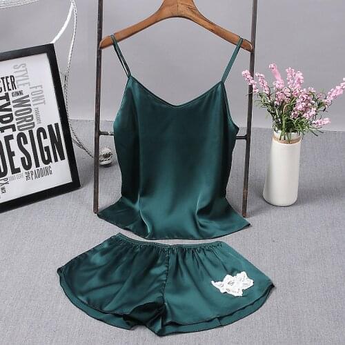Summer Strap 2PCS Pajamas Suit White Lace Flower Trim Shorts Home Clothes Women Sexy V-Neck Faux Silk Sleepwear Lounge Nightwear