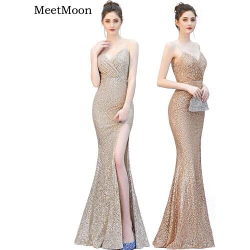 MeetMoon Metallic Silver Glitter Sequined Formal Prom Dress Long Mermaid Pageant Gown Side Slit Dance Dresses Robe De Soire