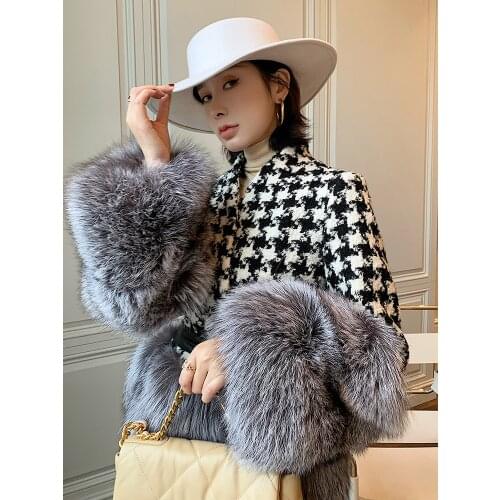 OFTBUY 2021 New Luxury Winter Jacket Women Belt Coat Natural Real Silver Fox Fur Plaid Thick Warm Fashion Outerwear Streetwear