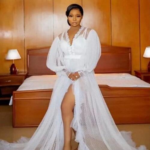 Ony Sell Tulle Dresses Without Sling Maternity Robe Front Slit Or Open Tulle Dress Long Sleeve Women Party Vestido Plus Size