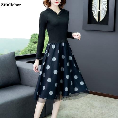 Casual Polka Dot Dress Women Spring Autumn Long Sleeve Stitching Lace Mesh Dress One Piece Office Ladies Work Dress Female