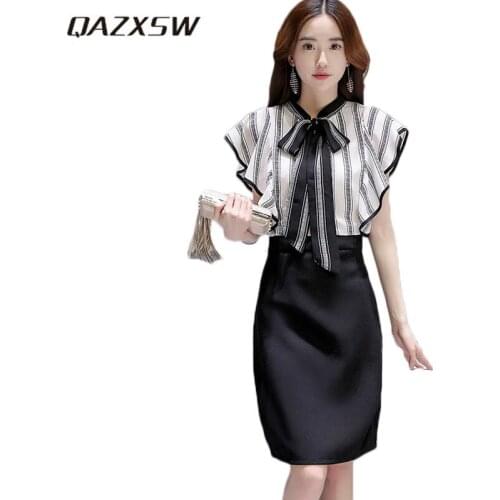 QAZXSW 2019 New Spring Summer Office Dress For Women Formal Dress Plus Size Striped Ladies Party Dress Vestidos Feminino HB672