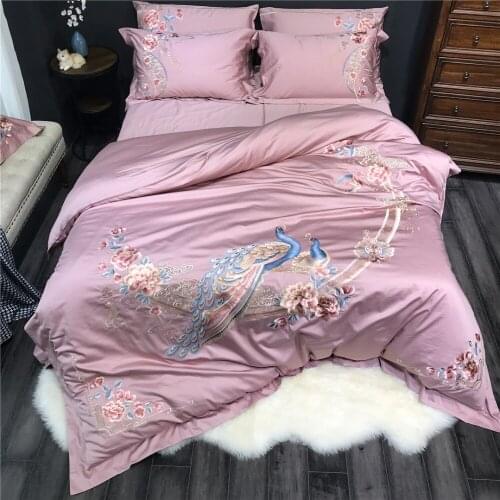 Luxury Embroidered 120S Egyeptian cotton China Peacock Bedding set Queen King Princess Duvet cover Bed sheet set Pillowcases 4pc