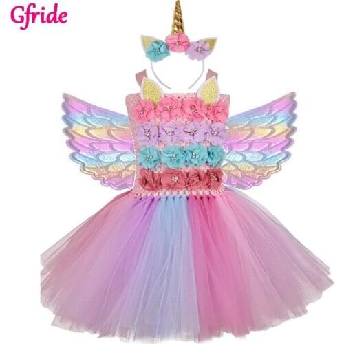 Pink Girls Flowers Unicorn Costume With Headbad Wings Princess Gril Fancy Birthday Wedding Theme Party Dreses Kids Clothes 2-8Yr