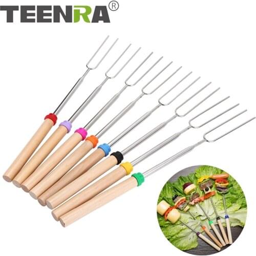 TEERNA 9Pcs Telescopic Barbecue Fork Stainless Steel BBQ Skewers Fork Wood Handle Barbecue Stick Roasting Sticks For Camping
