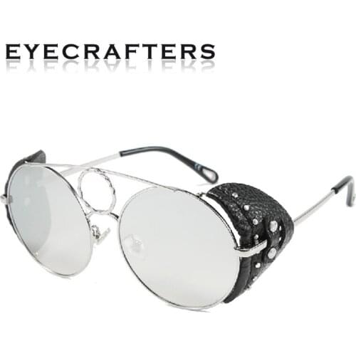 Vintage Fashion Steampunk Metal Vintage Sunglasses Men Women Round Leather Studded Sunglasses Men Glasses Shades